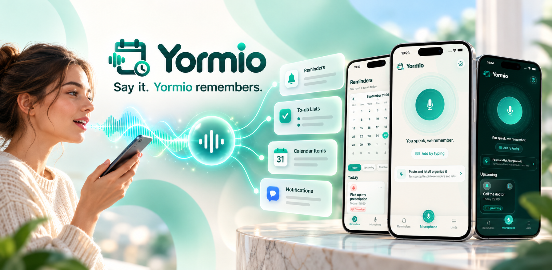 Yormio app overview with reminders, voice capture and calendar